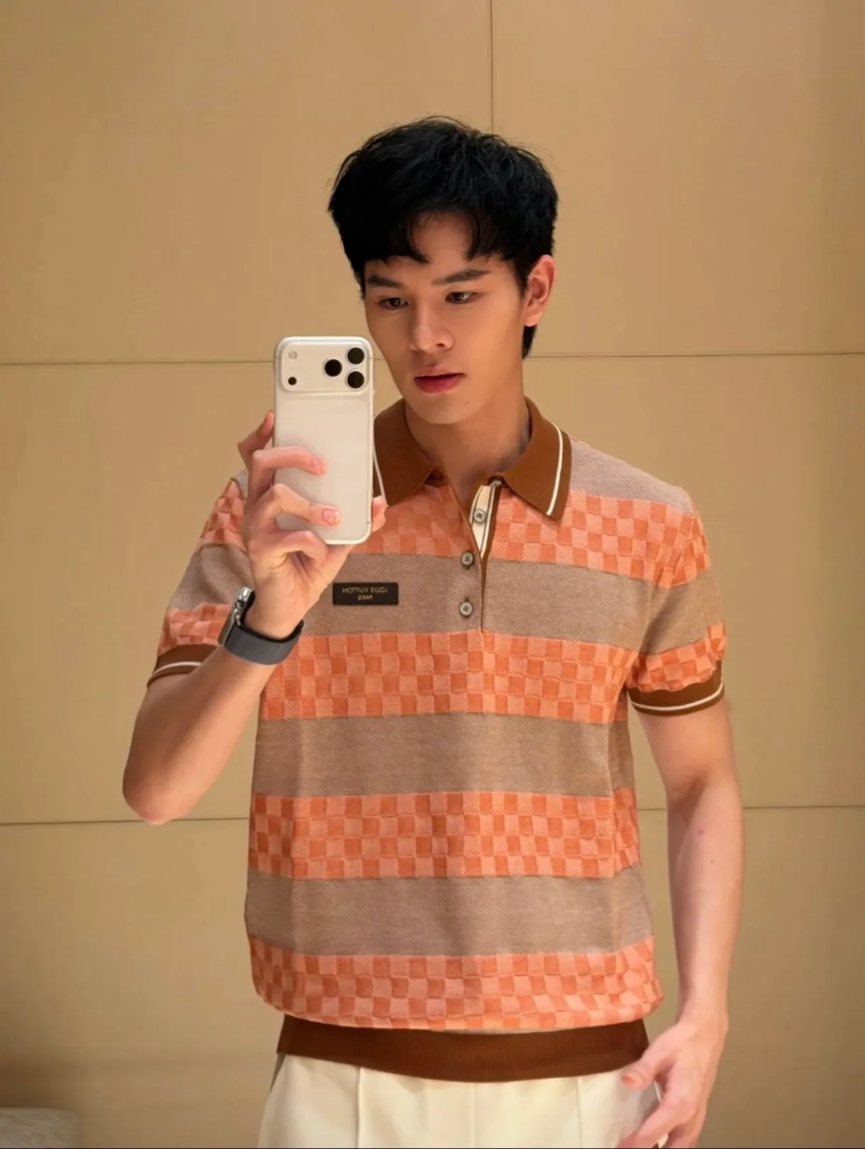 Louis Vuitton/Louis Vuitton 26ss leather striped checkerboard knitted Polo short sleeves
